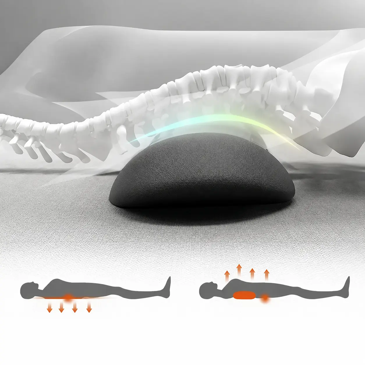Illustration of spinal decompression achieved with the Orevive SpineEase massager